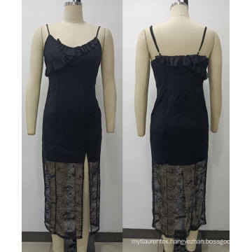 Knitting Black Lace Shoulder Staps Slit Dress